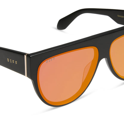 diff eyewear georgie square sunglasses with a matte black frame and red hot summer mirror detailed view