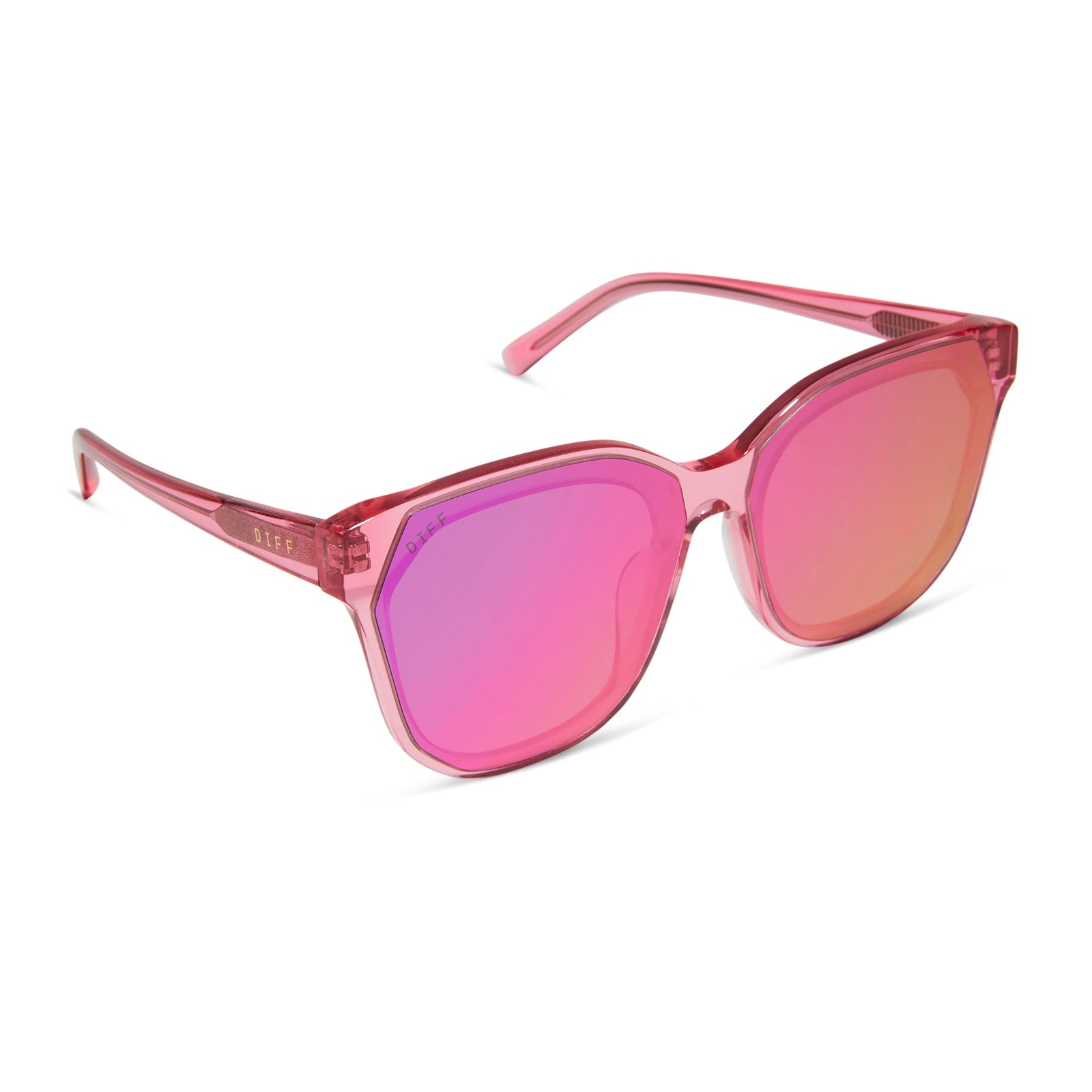 diff eyewear gia oversized square sunglasses with a candy pink crystal acetate frame and pink rush mirror lenses angled view