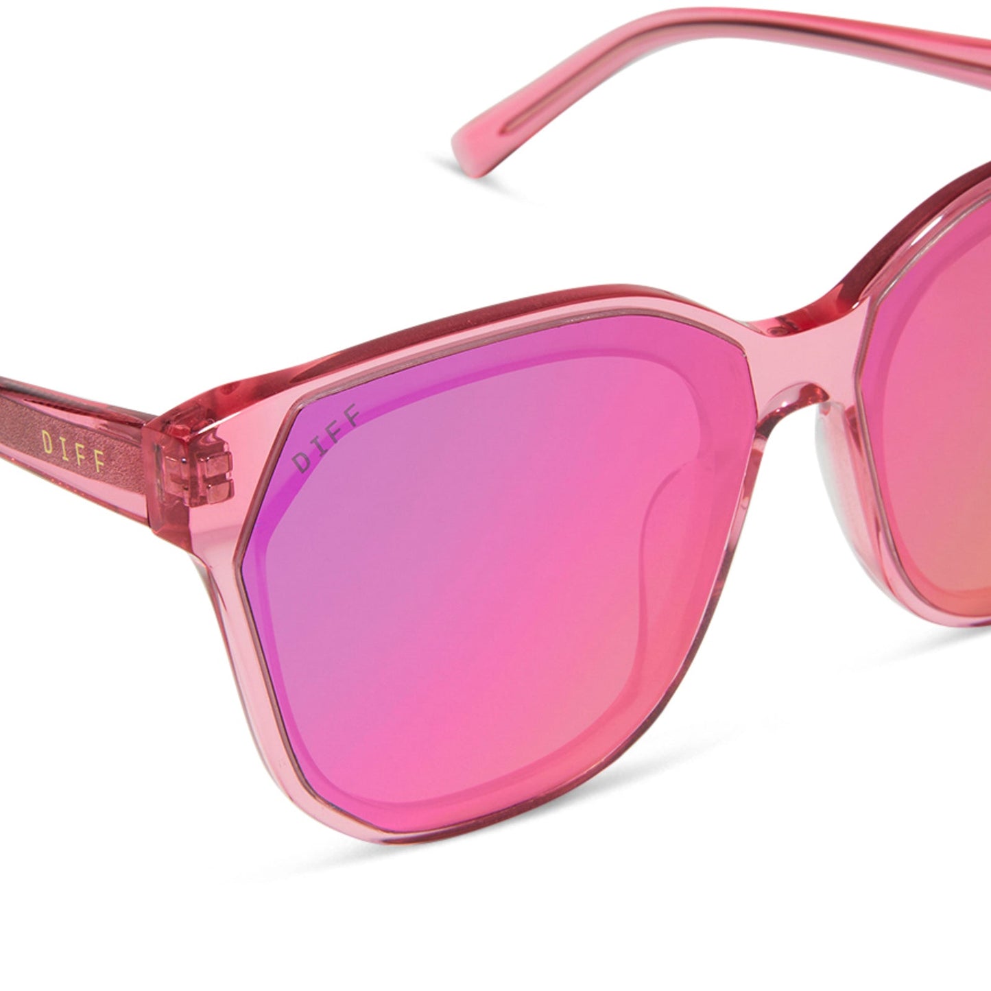 diff eyewear gia oversized square sunglasses with a candy pink crystal acetate frame and pink rush mirror lenses detailed view