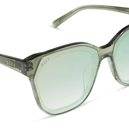 diff eyewear featuring the gia square sunglasses with a cool matcha green frame and cool matcha mirror lenses detailed view