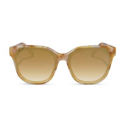 diff eyewear gia square oversized sunglasses with a gilded tortoise acetate frame and brown gradient with light gold flash lenses front view