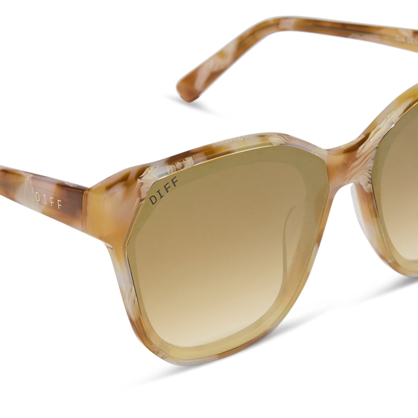 diff eyewear gia square oversized sunglasses with a gilded tortoise acetate frame and brown gradient with light gold flash lenses detailed view