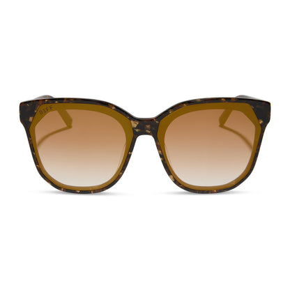 diff eyewear featuring the gia square sunglasses with a glitter tortoise frame and brown gradient with gold flash lenses front view