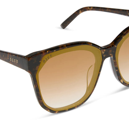 diff eyewear featuring the gia square sunglasses with a glitter tortoise frame and brown gradient with gold flash lenses detailed view