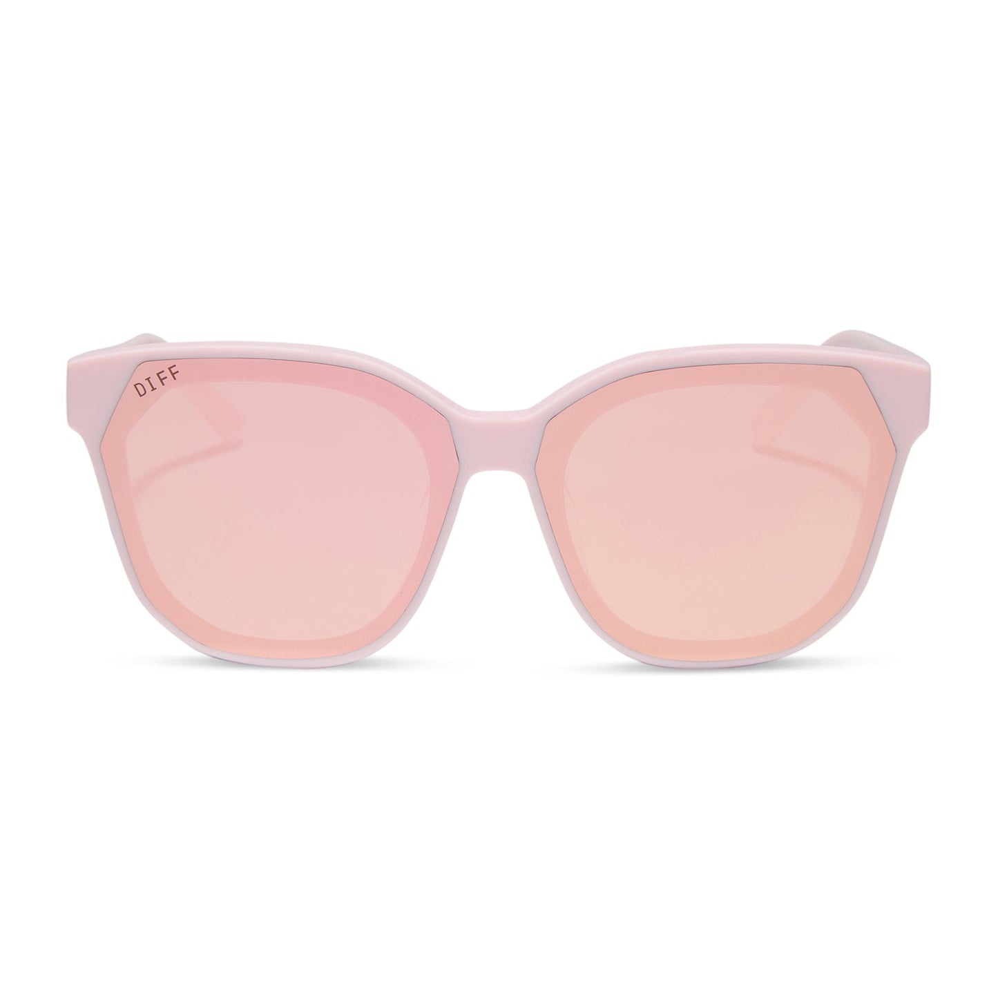 diff eyewear featuring the gia square sunglasses with a powder pink frame and cherry blossom mirror lenses front view