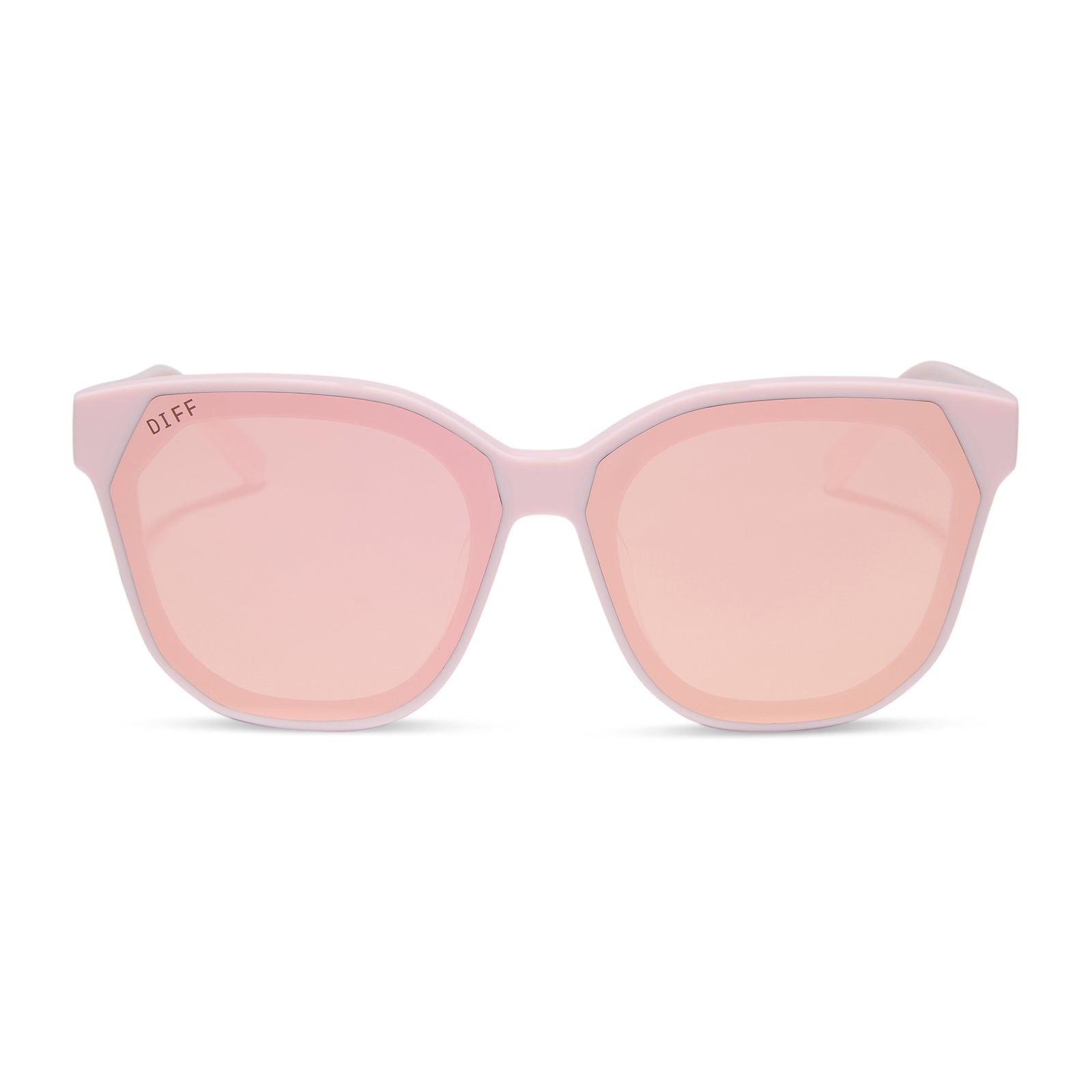 diff eyewear featuring the gia square sunglasses with a powder pink frame and cherry blossom mirror lenses front view