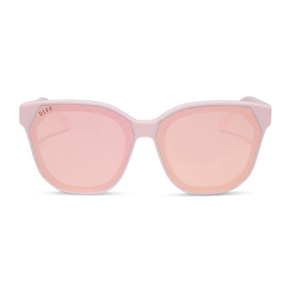 diff eyewear featuring the gia square sunglasses with a powder pink frame and cherry blossom mirror lenses front view