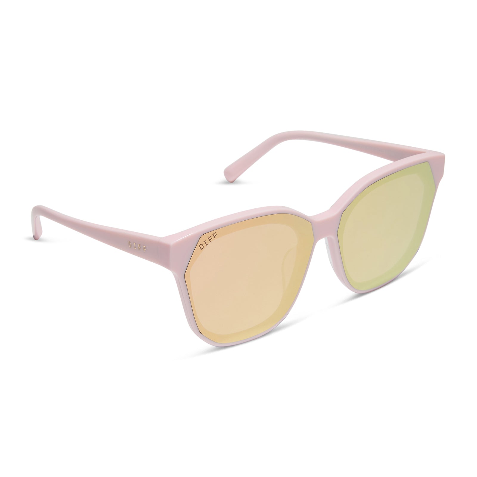 diff eyewear featuring the gia square sunglasses with a powder pink frame and cherry blossom mirror lenses angled view