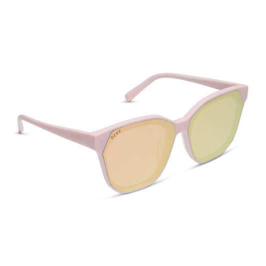 diff eyewear featuring the gia square sunglasses with a powder pink frame and cherry blossom mirror lenses angled view