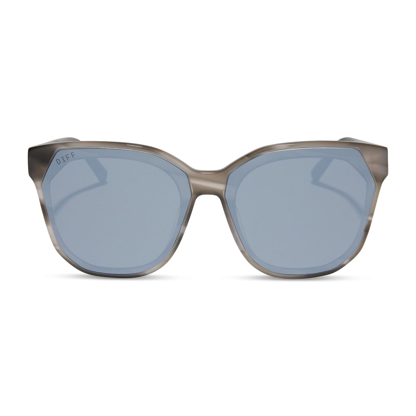 diff eyewear featuring the gia square sunglasses with a smoke marble frame and grey with silver flash lenses front view