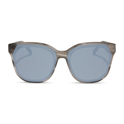 diff eyewear featuring the gia square sunglasses with a smoke marble frame and grey with silver flash lenses front view