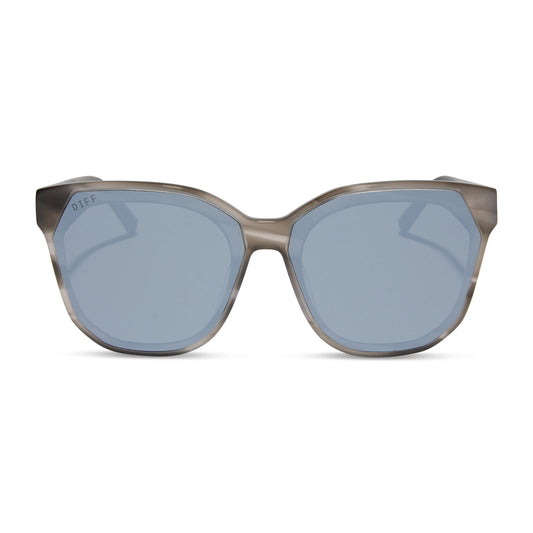 diff eyewear featuring the gia square sunglasses with a smoke marble frame and grey with silver flash lenses front view