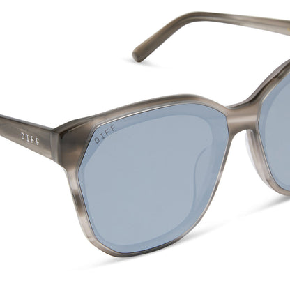 diff eyewear featuring the gia square sunglasses with a smoke marble frame and grey with silver flash lenses detailed view