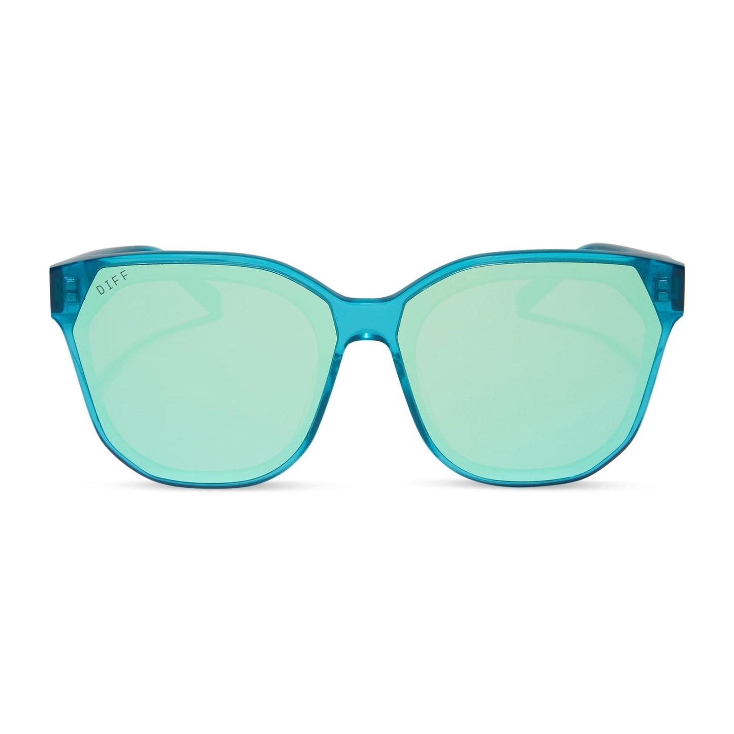 diff eyewear gia oversized square sunglasses with a turquoise ice crystal acetate frame and turquoise ice mirror lenses front view