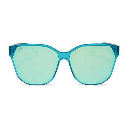 diff eyewear gia oversized square sunglasses with a turquoise ice crystal acetate frame and turquoise ice mirror lenses front view