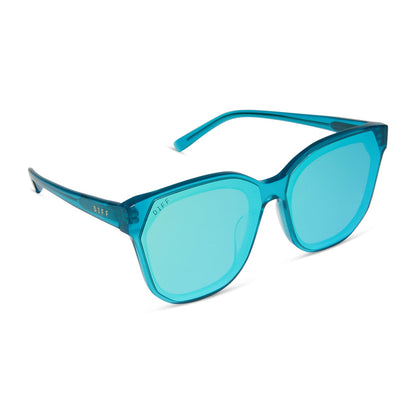 diff eyewear gia oversized square sunglasses with a turquoise ice crystal acetate frame and turquoise ice mirror lenses angled view