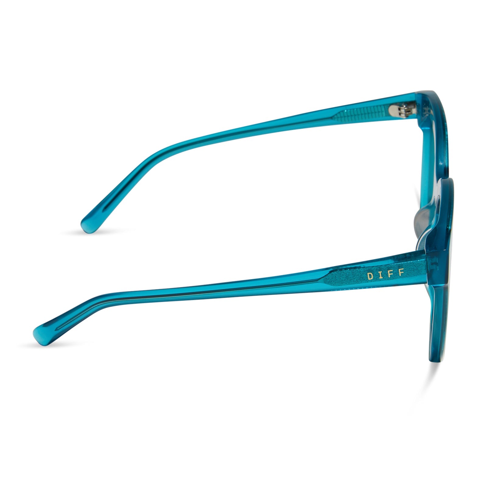 diff eyewear gia oversized square sunglasses with a turquoise ice crystal acetate frame and turquoise ice mirror lenses side view