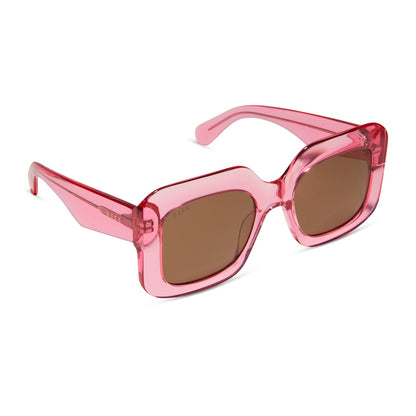 diff eyewear giada oversized square sunglasses with a candy pink crystal acetate frame and brown lenses angled view