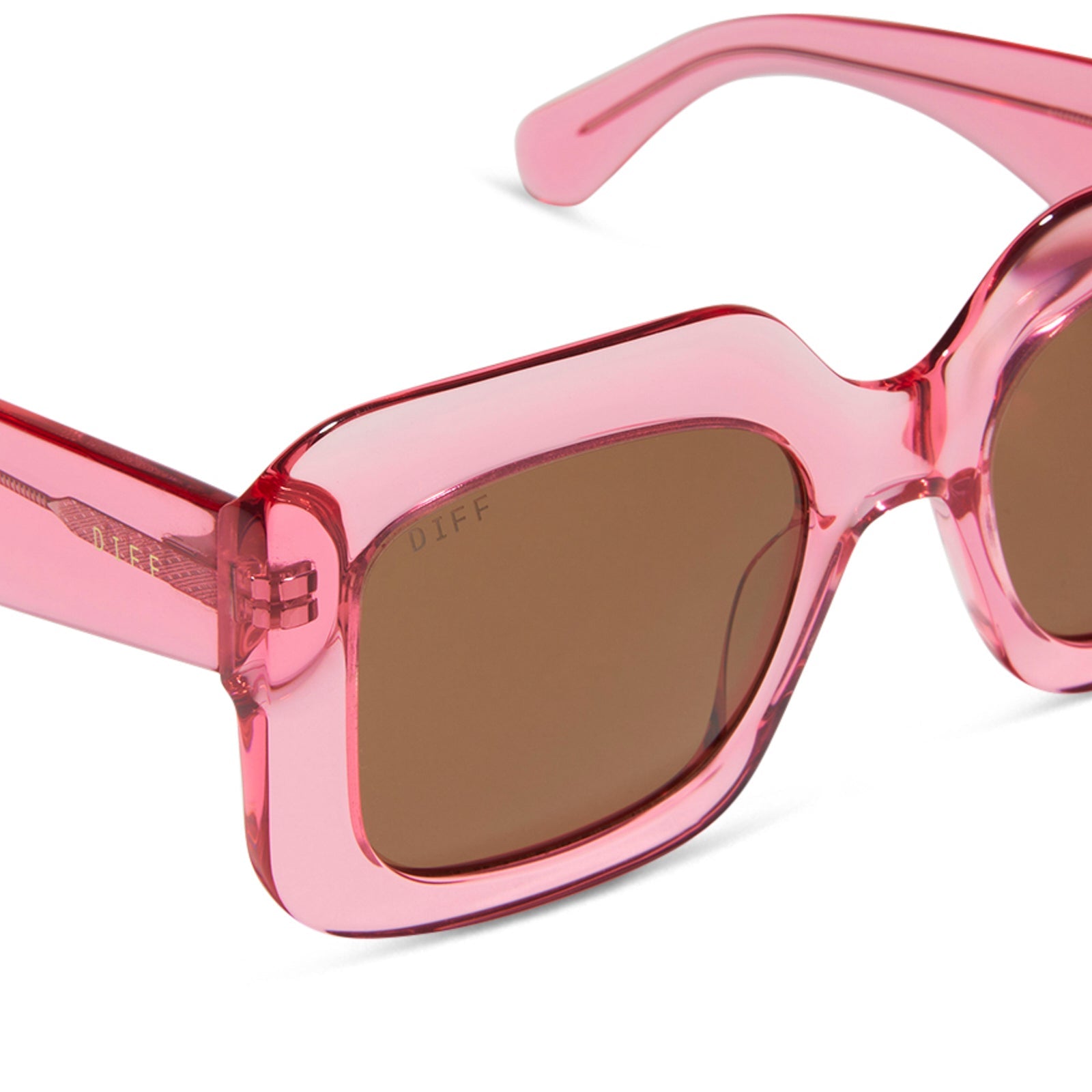 diff eyewear giada oversized square sunglasses with a candy pink crystal acetate frame and brown lenses detailed view