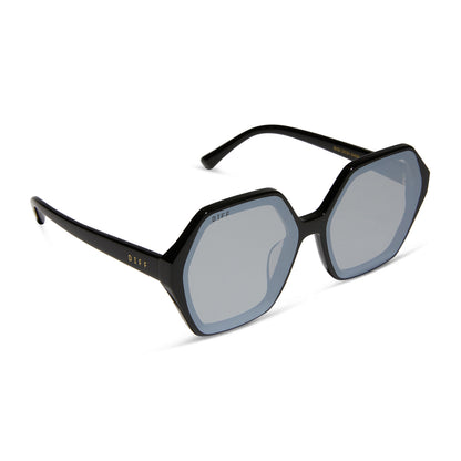 diff eyewear gigi sunglasses with a black frame and grey flash lenses angled view