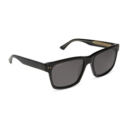 diff eyewear gino xl square sunglasses with a black acetate frame and grey polarized lenses angled view