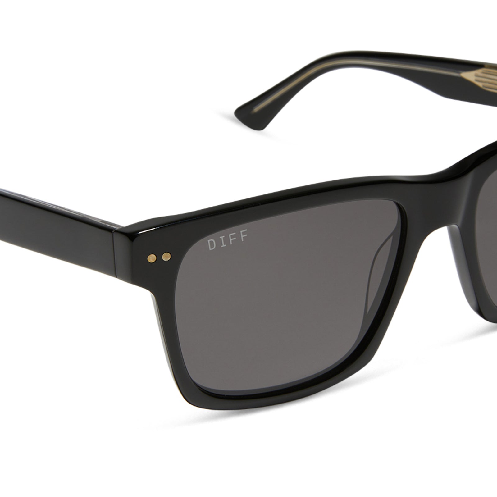 diff eyewear gino xl square sunglasses with a black acetate frame and grey polarized lenses detailed view