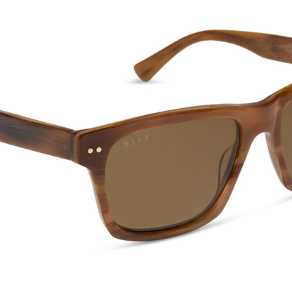 diff eyewear featuring the gino xl square sunglasses with a longhorn brown frame and brown polarized lenses detailed view