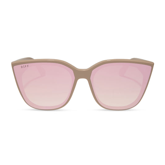 diff eyewear featuring the gjelina cat eye sunglasses with a almond frame and taupe mirror lenses front view