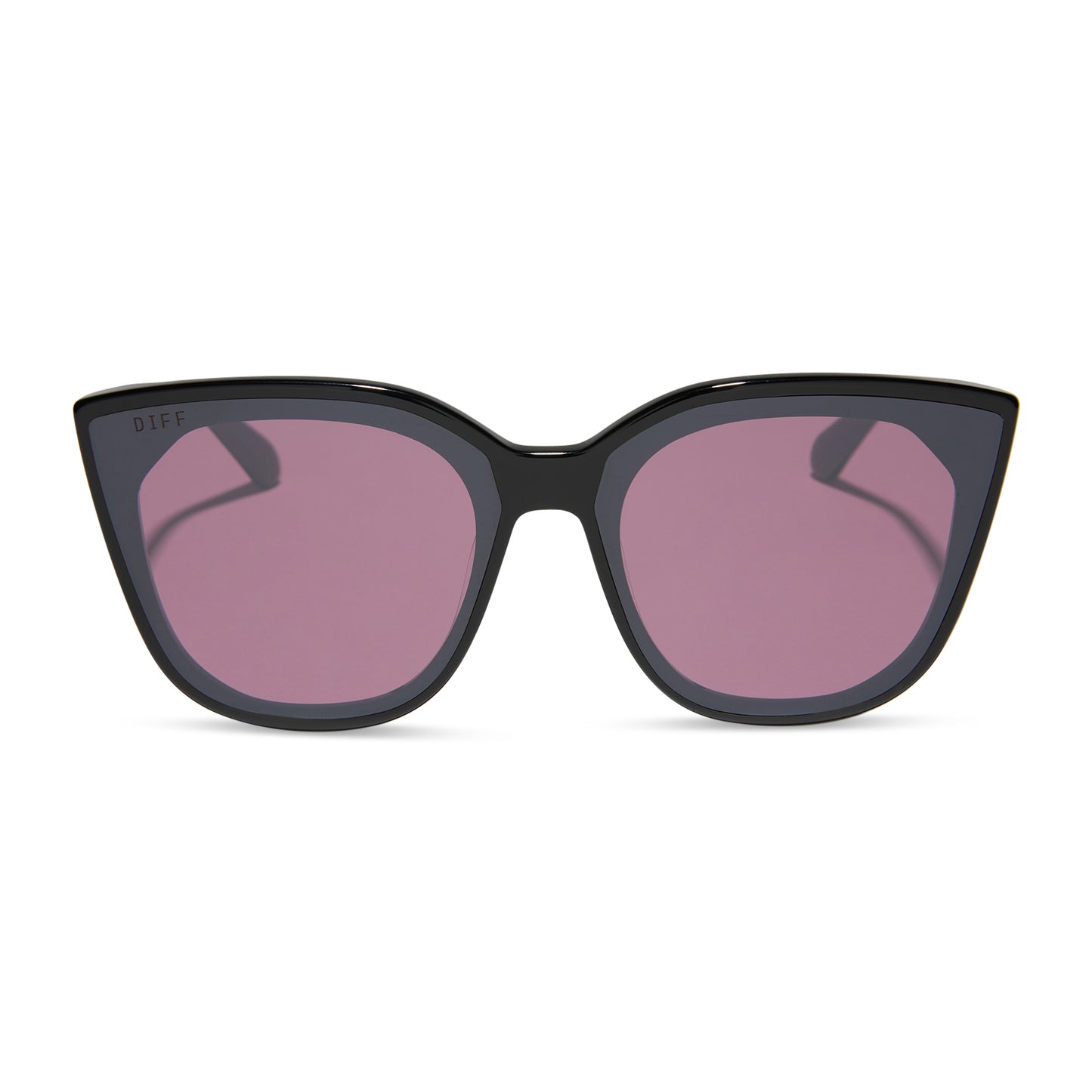 diff eyewear featuring the gjelina cat eye sunglasses with a black frame and aubergine with silver flash lenses front view