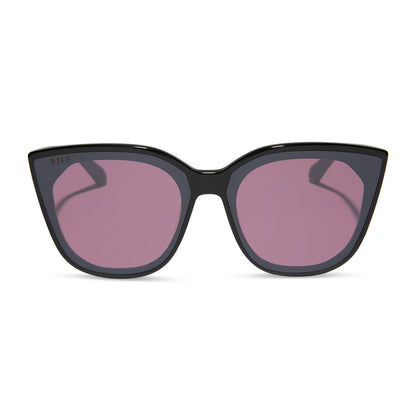 diff eyewear featuring the gjelina cat eye sunglasses with a black frame and aubergine with silver flash lenses front view