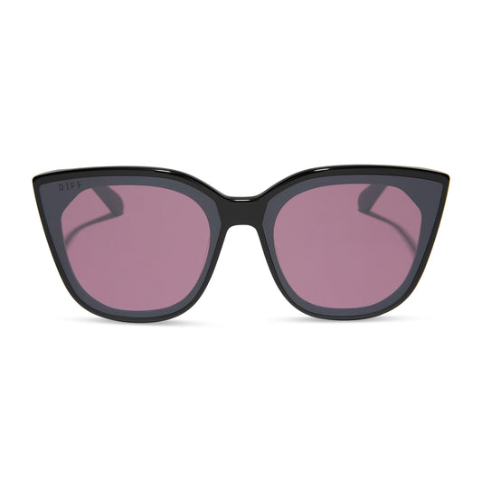 diff eyewear featuring the gjelina cat eye sunglasses with a black frame and aubergine with silver flash lenses front view