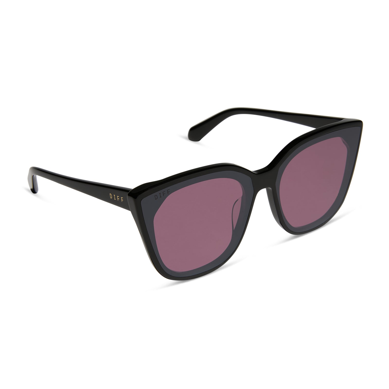 diff eyewear featuring the gjelina cat eye sunglasses with a black frame and aubergine with silver flash lenses angled view