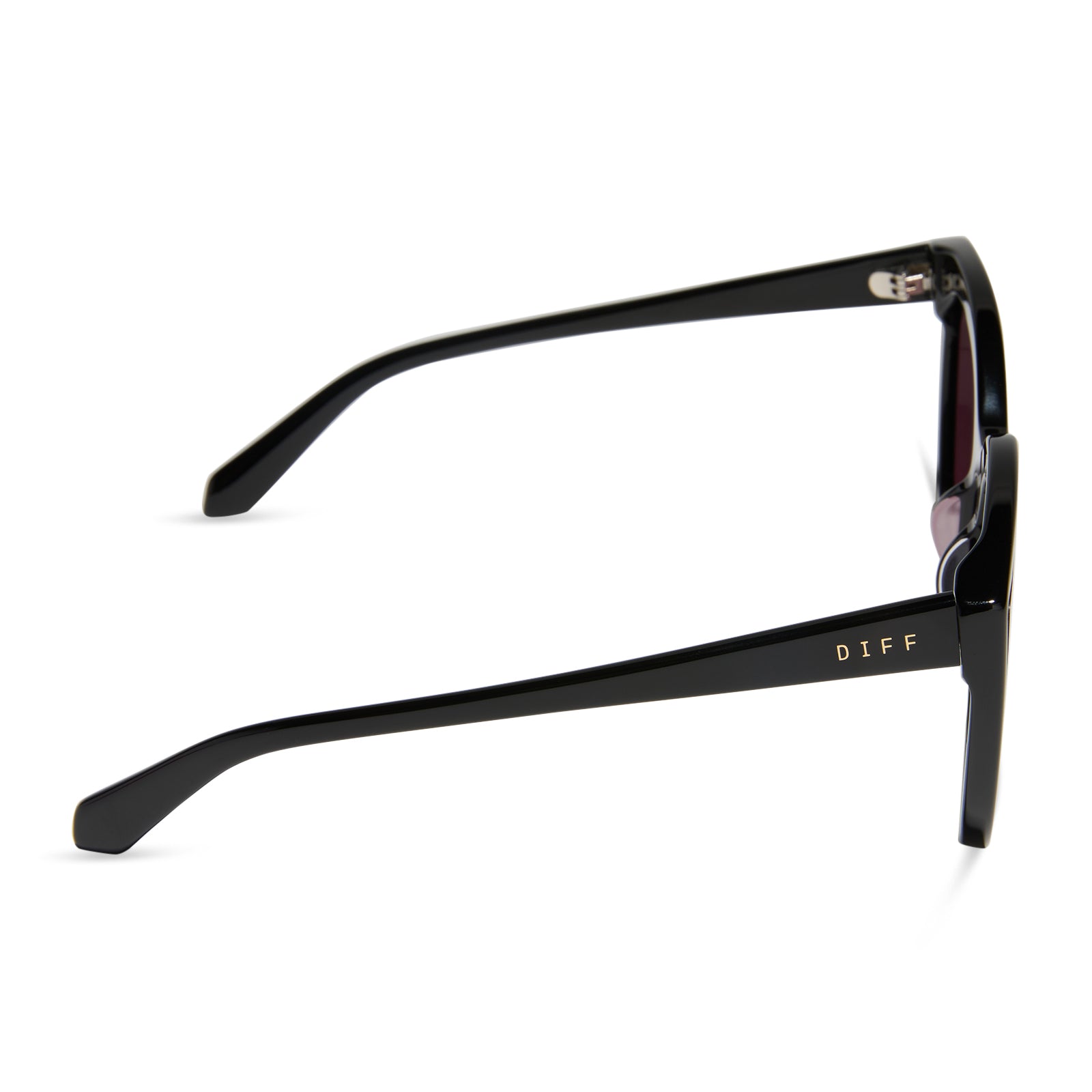 diff eyewear featuring the gjelina cat eye sunglasses with a black frame and aubergine with silver flash lenses side view