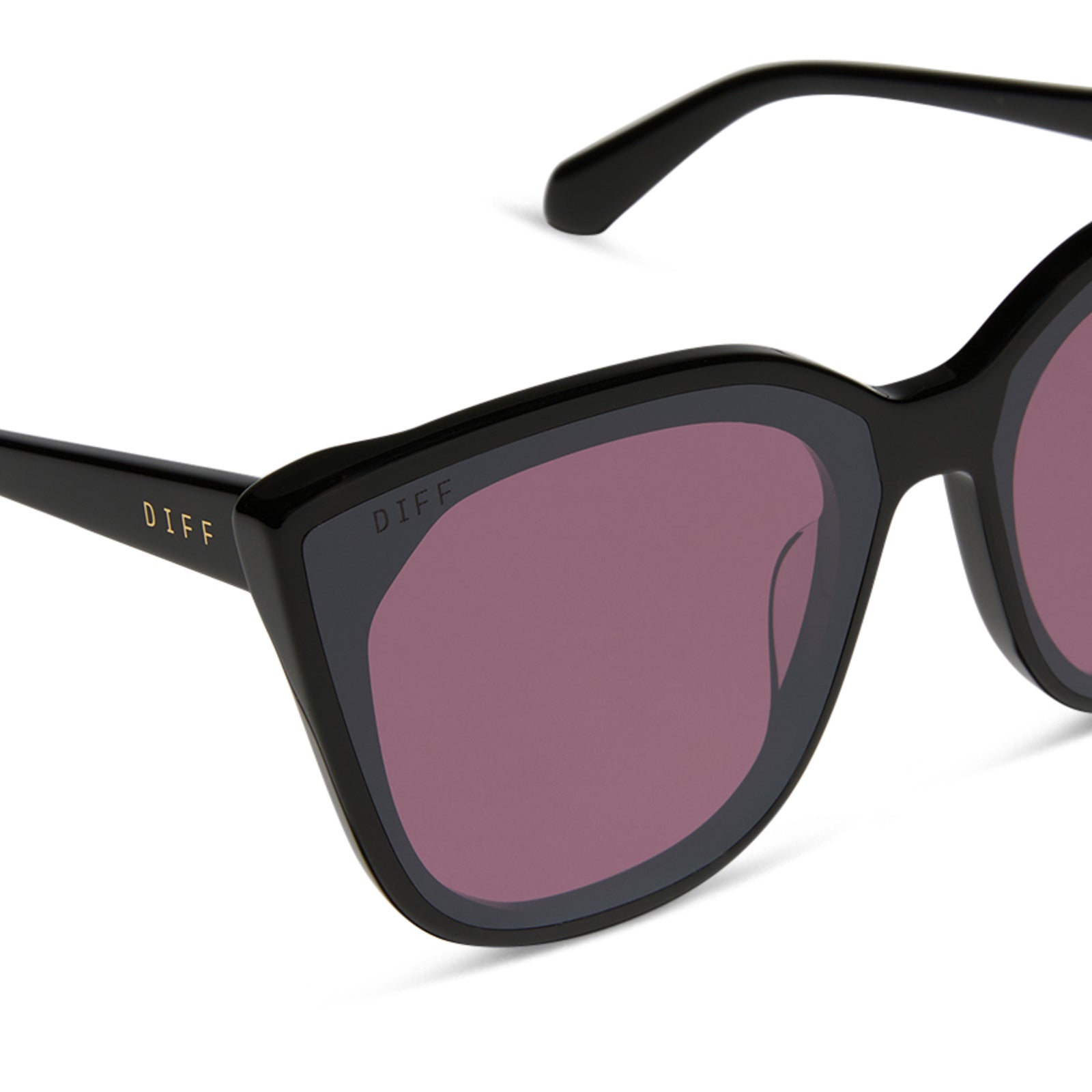 diff eyewear featuring the gjelina cat eye sunglasses with a black frame and aubergine with silver flash lenses detailed view
