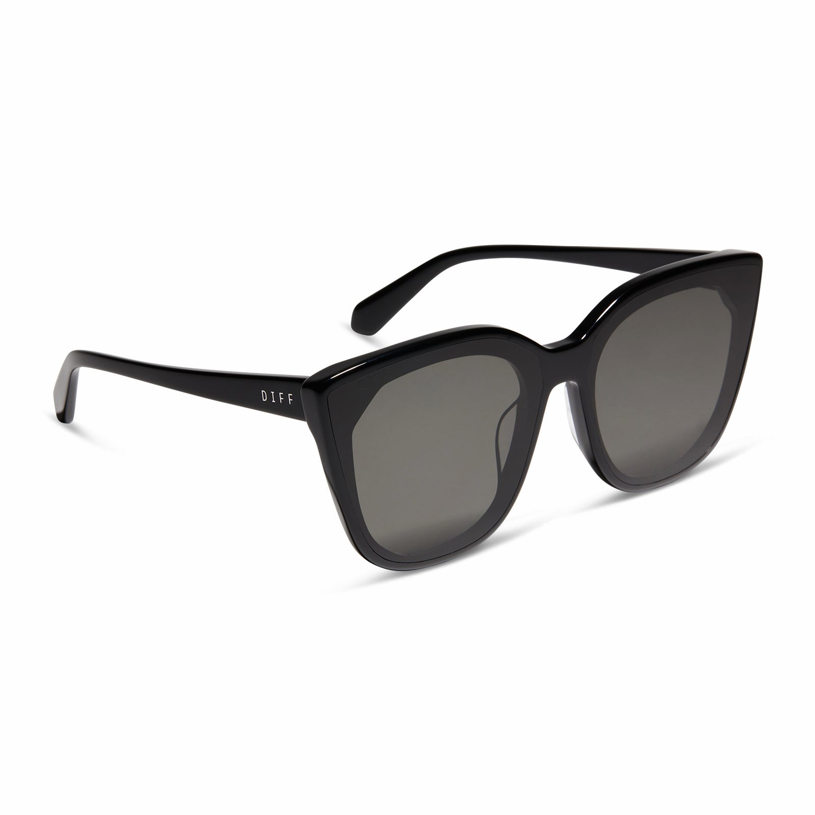 diff eyewear featuring the gjelina cat eye sunglasses with a black frame and grey lenses angled view