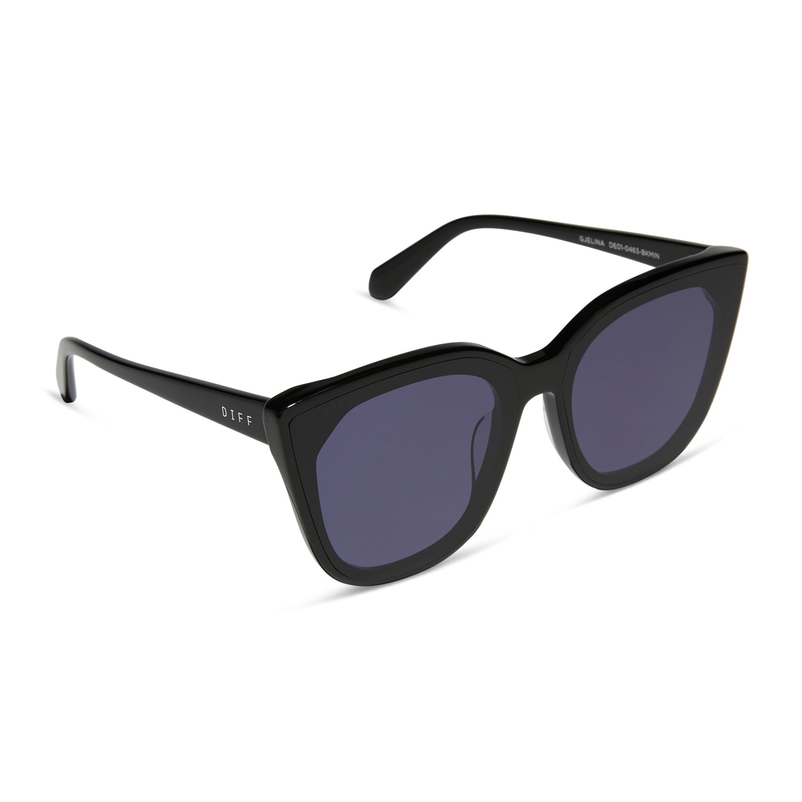 diff eyewear wholesale gjelina cat eye sunglasses with a black frame and midnight purple blue lenses angled view