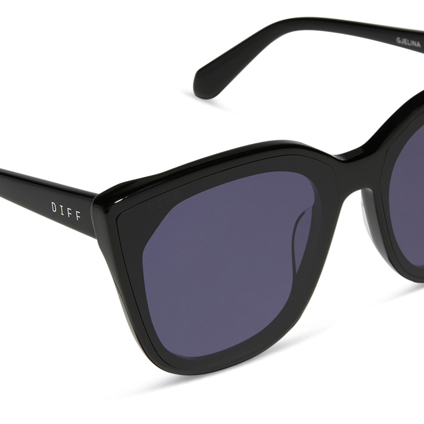 diff eyewear wholesale gjelina cat eye sunglasses with a black frame and midnight purple blue lenses detailed view