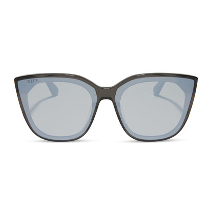 diff eyewear featuring the gjelina cat eye sunglasses with a black smoke crystal frame and grey mirror lenses front view