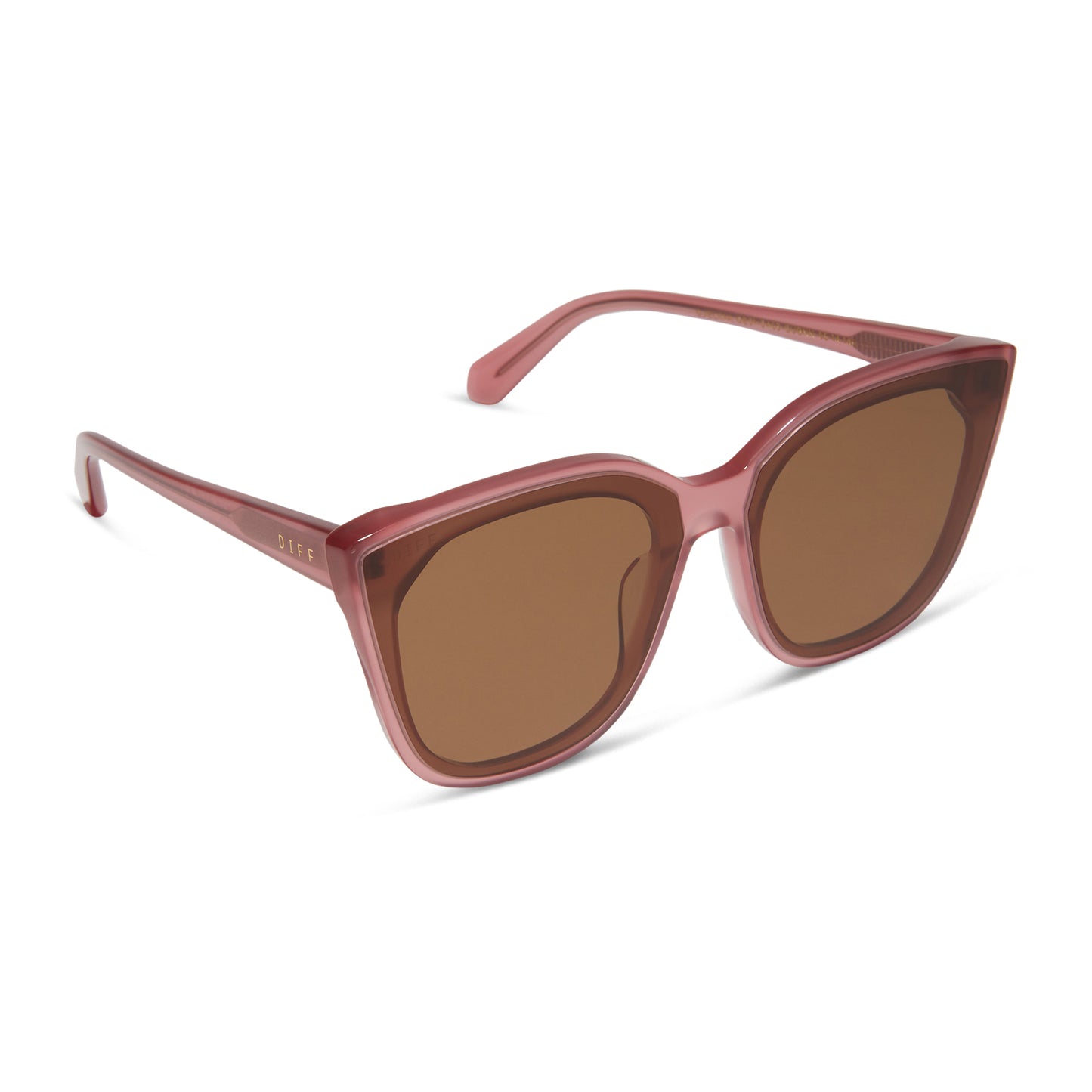 diff eyewear featuring the gjelina cat eye sunglasses with a guava frame and brown lenses angled view