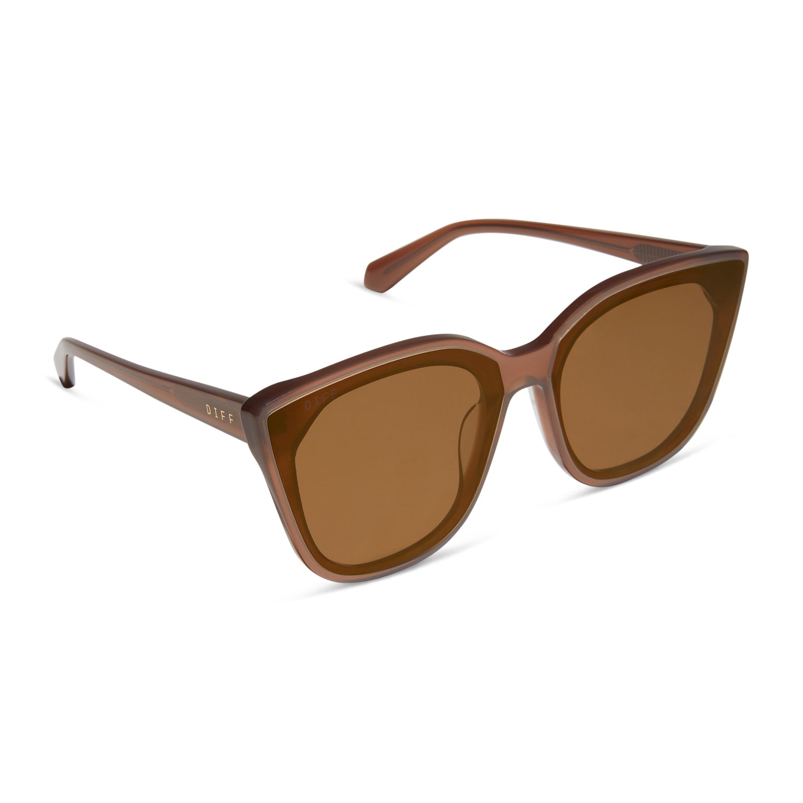 diff eyewear featuring the gjelina cat eye sunglasses with a macchiato frame and brown flash lenses angled view