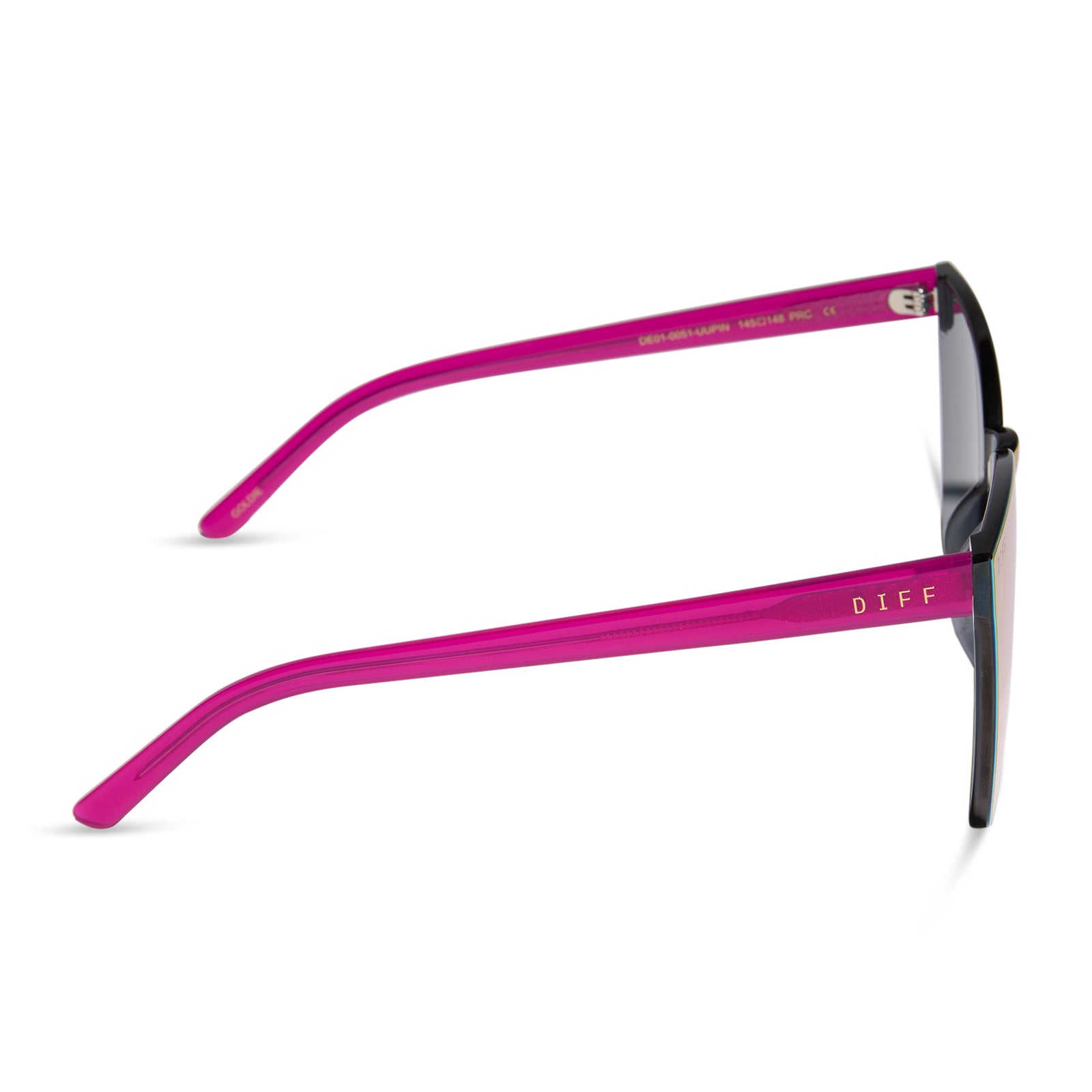 diff eyewear featuring the goldie cat eye sunglasses with a bright tulip frame and pink rush mirror lenses side view