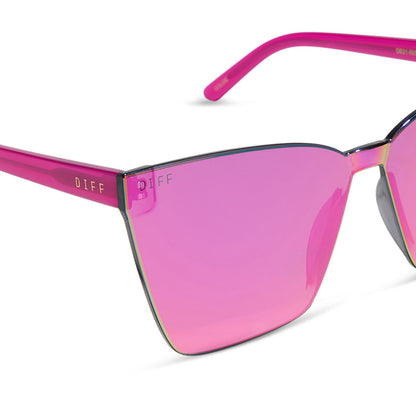 diff eyewear featuring the goldie cat eye sunglasses with a bright tulip frame and pink rush mirror lenses detailed view