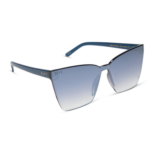 diff eyewear featuring the goldie cateye sunglasses with a clubhouse blue frame and slate gradient flash lenses angled view