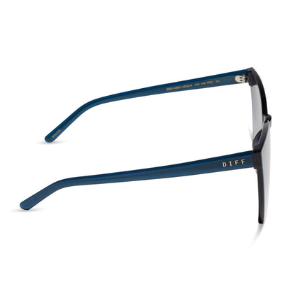 diff eyewear featuring the goldie cateye sunglasses with a clubhouse blue frame and slate gradient flash lenses side view