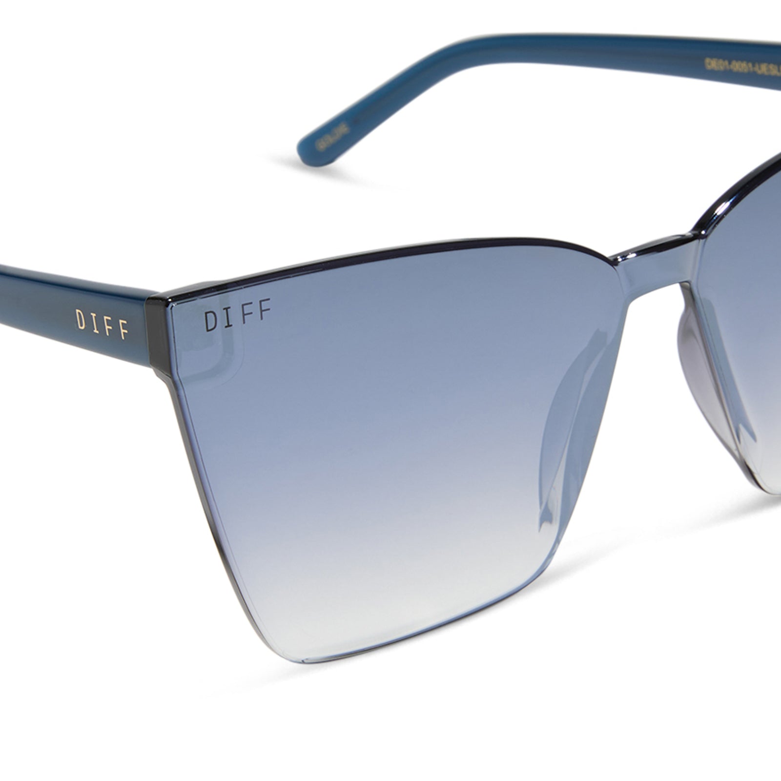 diff eyewear featuring the goldie cateye sunglasses with a clubhouse blue frame and slate gradient flash lenses detailed view
