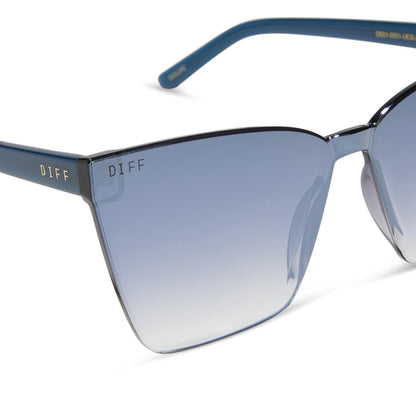 diff eyewear featuring the goldie cateye sunglasses with a clubhouse blue frame and slate gradient flash lenses detailed view