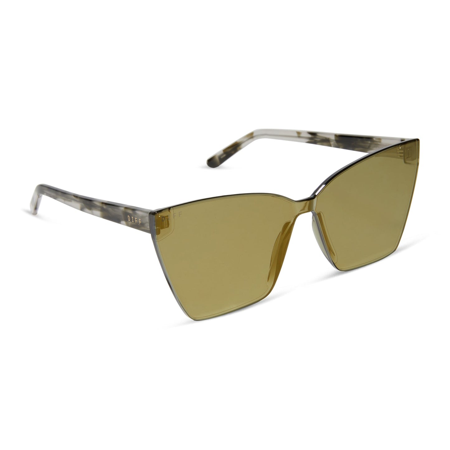 diff eyewear featuring the goldie cateye sunglasses with a kombu frame and moss mirror lenses angled view