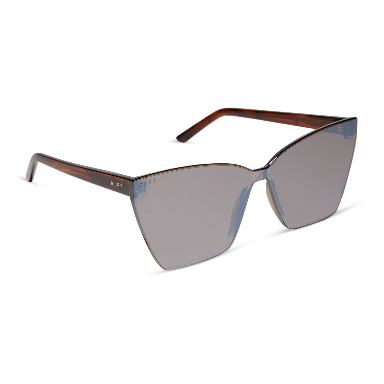diff eyewear featuring the goldie cateye sunglasses with a sequoia tortoise frame and brown gold flash lenses angled view