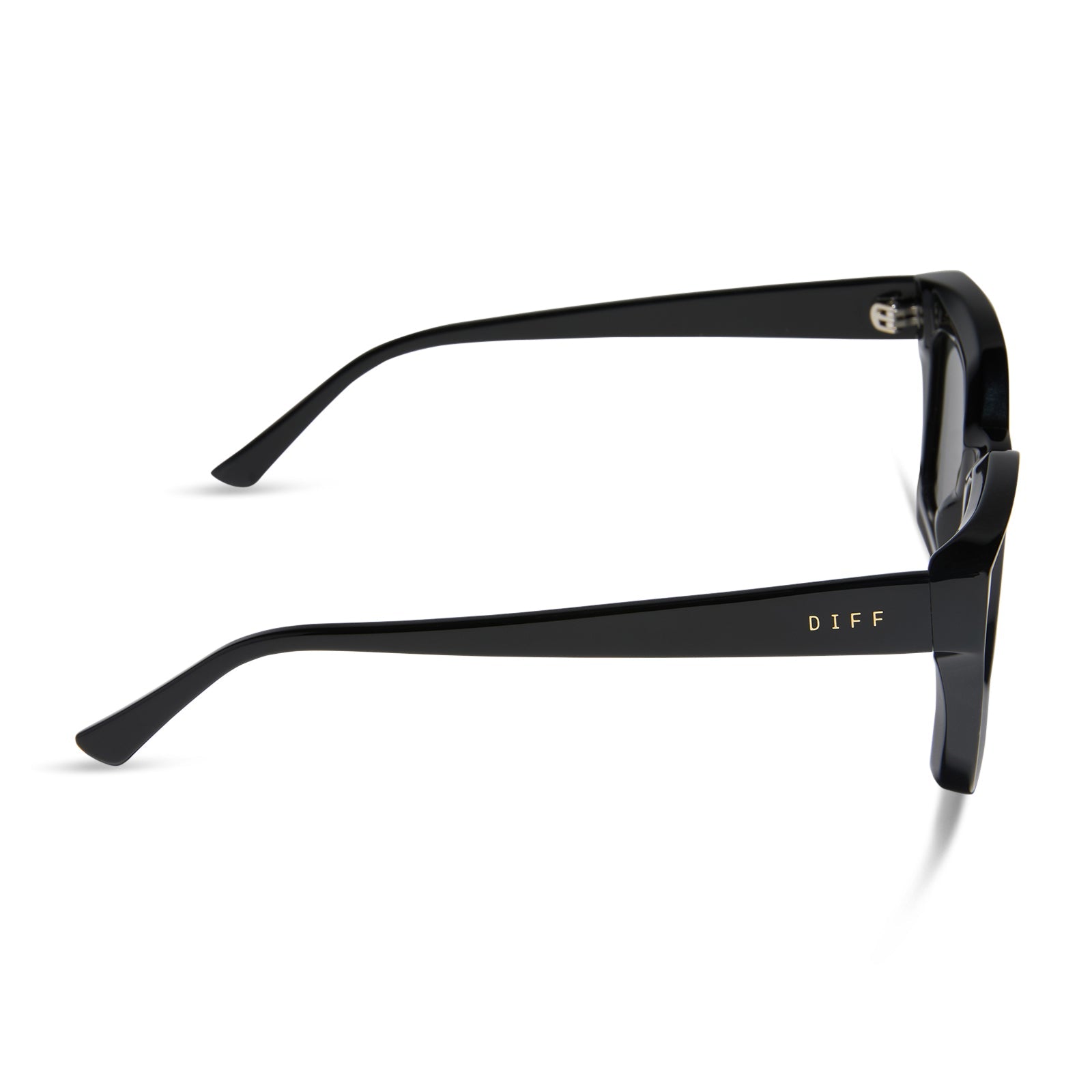 diff eyewear featuring the greer square sunglasses with a black frame and grey polarized lenses side view