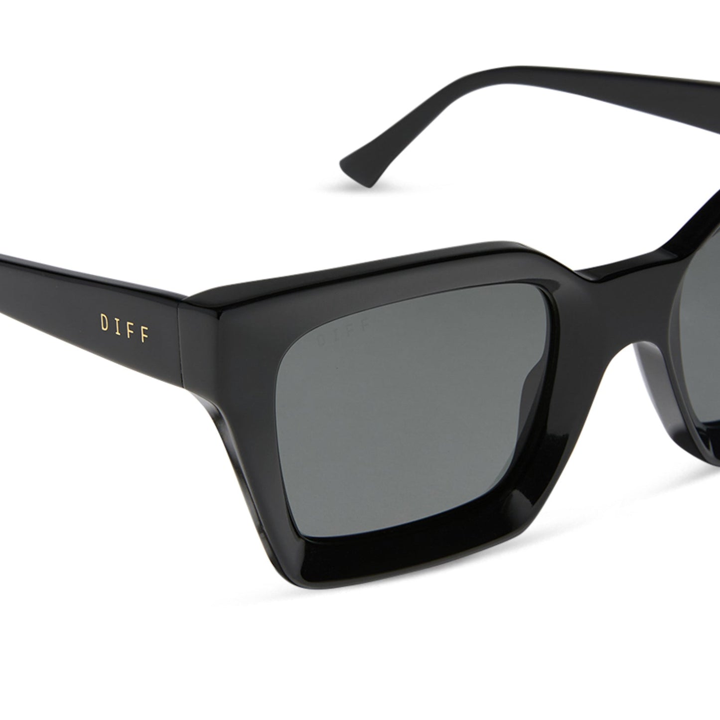 diff eyewear featuring the greer square sunglasses with a black frame and grey polarized lenses detailed view